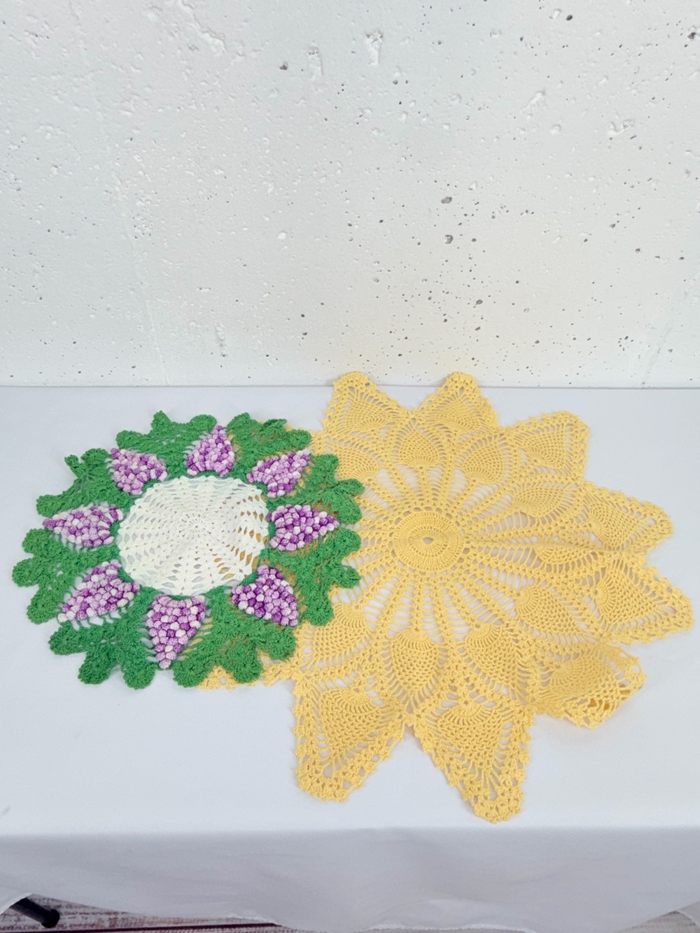 Lot of 2 Hand Knit crochet doily Grape Leaves & Sun Burst